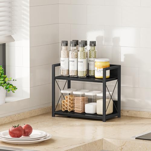 Kitchen Counter Shelf, 2 Tier Kitchen Spice Rack Organizer for Countertop, Wood Coffee Bar Organizer for Home (Black, S) - view 5