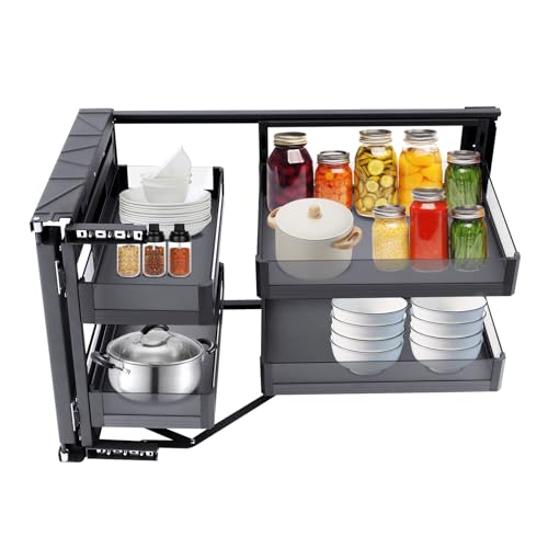 Blind Corner Cabinet Organizer, Hidden Corner Access Rack Slide-Out Kitchen Storage Tray Pull-Out Shelf Rack Storage System with 4 withstand 33lbs separate baskets for Kitchen Cupboard Pantry