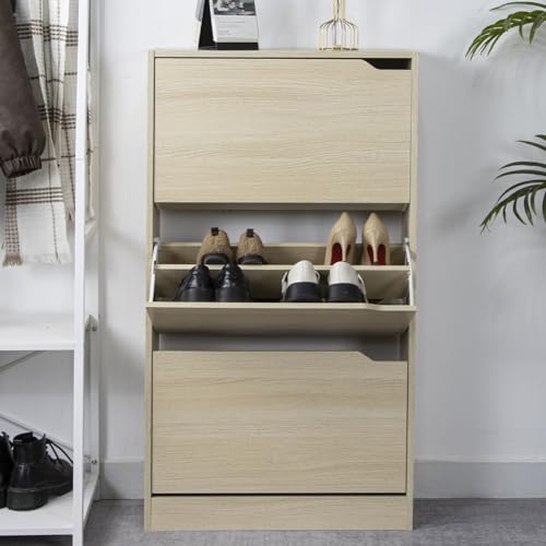 Shoe Rack in MDF Wood with 3 Doors Flip Shoe Storage Handles Double Depth Compact Size Slim 63 x 24 x 115 cm Space-Saving Home Entrance (Elm) - view 2
