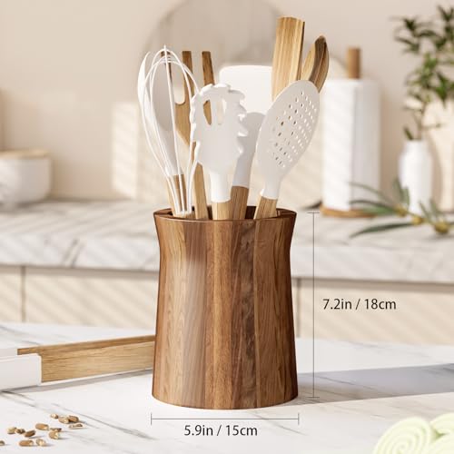 7.2" Utensil Holder for Kitchen Counter Large Round Utensils Holder with Wooden Base Matte Black Cooking Utensil Holder，Kitchen Countertop Utensil Organizer (Wooden) - view 2