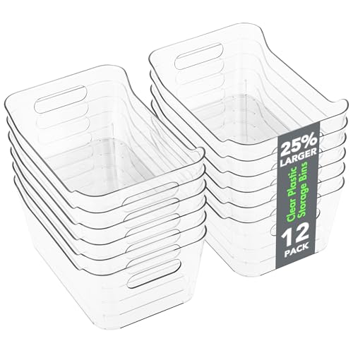 12 Pack Plastic Storage Bins, Multi-Use Organizer Bins, Pantry Organizer, Clear Storage Containers for Home, Kitchen, Office, Cabinet, Shelf and Fridge Organization