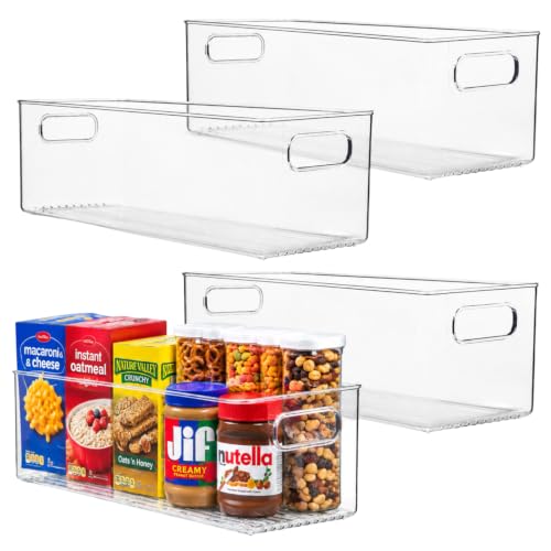 Plastic Food Storage 4 Pack Clear Container Bin with Handles for Organizing Kitchen, Pantry, Refrigerator, Freezer, Pantry, Cabinet, Closet, Bathroom. 16”x6”x5”