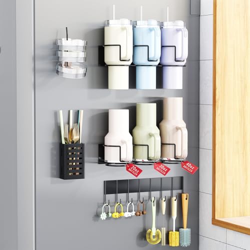 Magnetic Cup Holder for Fridge, Tumbler Organizer with 8-Hook Rack, Fits 20/30/40 oz Stanley Cups, Accessory Storage with Lid & Straw Holder, Water Bottle Organizer for Kitchen Refrigerator