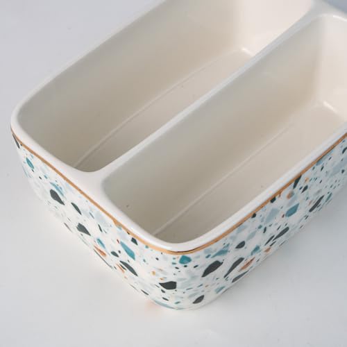 2 Compartment Ceramic Sponge Holder for Kitchen Sink, Dishwasher Safe Terrazzo Marble Pattern Sink Caddy Organizer for Sponge and Soap, Farmhouse Kitchen Countertop Decor, Light Blue - view 3