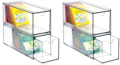 3 Drawers Plastic Kitchen Pantry Stackable Storage Organizer, Plastic Tea Packet Organizers, Stackable Tea Bag Holder, 9" x 3" x 3.5" (Pack of 2)