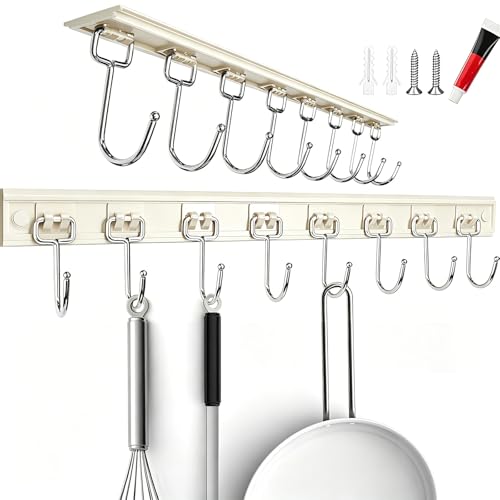 2PCS Utensil Racks with 8 Hooks 17 Inch White Kitchen Utensil Holders Hanging Utensil Rack Multifunctional (17 inch White)