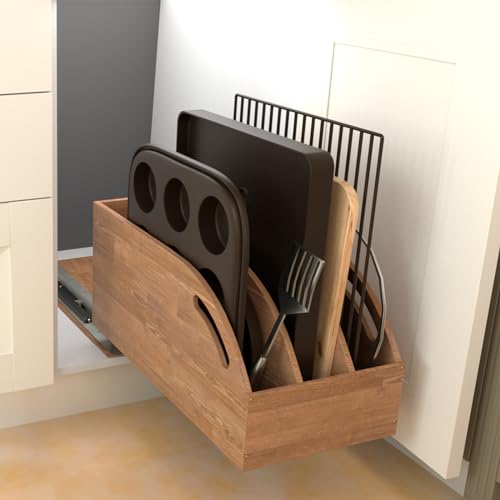 Pull Out Cabinet Organizer for Pans, Pot lid, Cookie Sheet, Cutting Board, Baking Tray, Slide Out Kitchen Cabinet Storage Organizer, 10.5''W X 21"D X 10.6"H, Wood - view 3
