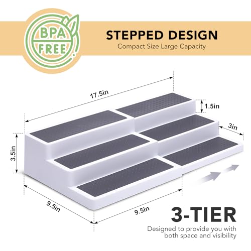 3-Tier Expandable Spice Rack, Plastic Spice Rack Organizer for Cabinet, Adjustable Length, Non-Skid Spice Shelf Organizer for Kitchen Cabinet, Countertop or Pantry, 2 Pack, White/Grey - view 2