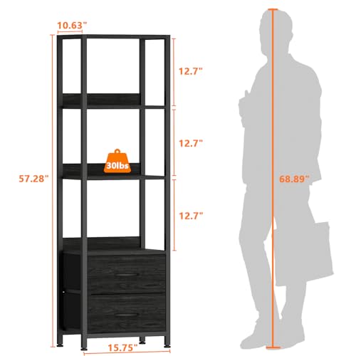 4 Tier Corner Shelf,Black Narrow Bookshelf with 2 Storage Drawers - view 3