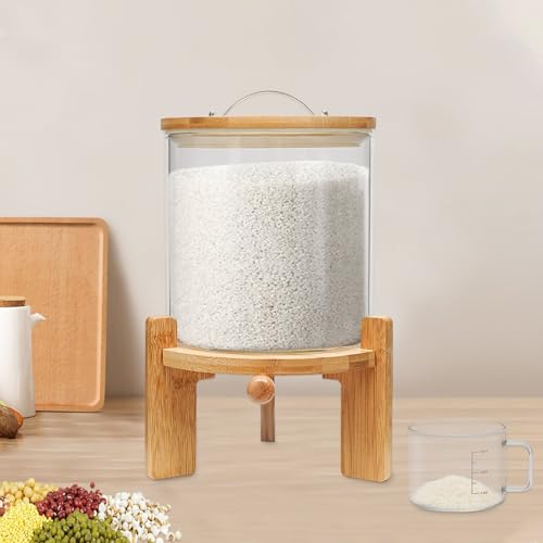 Capacity Airtight Glass Dry Food Storage Container Cereal Rice Dispenser w/Round Bamboo Lids & Cup & Stand (5 L)