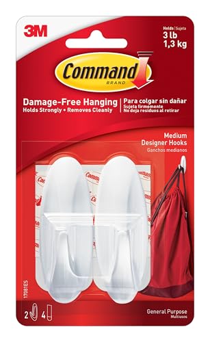 Medium Designer Hooks, 2 Hooks and 4 Strips, Damage-Free Hanging Wall Hook with Adhesive Strips, No Tools Great for Hanging, Organization and Storage, Holds up to 3 lb (Pack of 6)