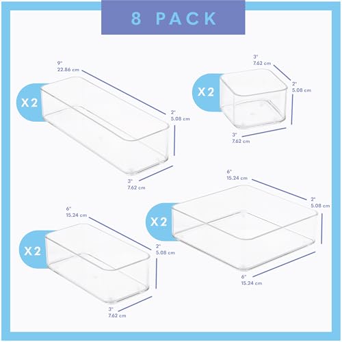 Eight Piecs. Plastic Clear Drawer Organizers for Bathroom, Kitchen, Bedroom, Office Organizer Bins, Storage Trays. Heavy Duty, Stackable 4 Sizes - view 3