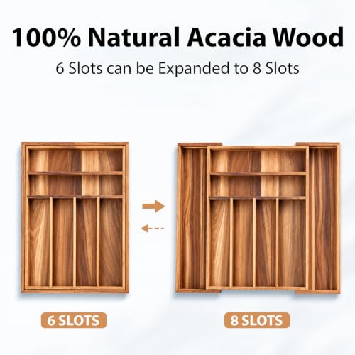 Acacia Wood Expandable Silverware Organizer, Kitchen Utensil Drawer Organizer for Forks & Spoons, 8-Compartment Cutlery Tray, Flatware Holder - view 3