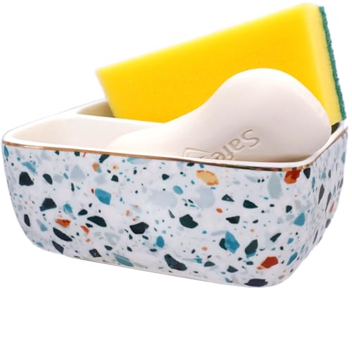 2 Compartment Ceramic Sponge Holder for Kitchen Sink, Dishwasher Safe Terrazzo Marble Pattern Sink Caddy Organizer for Sponge and Soap, Farmhouse Kitchen Countertop Decor, Light Blue