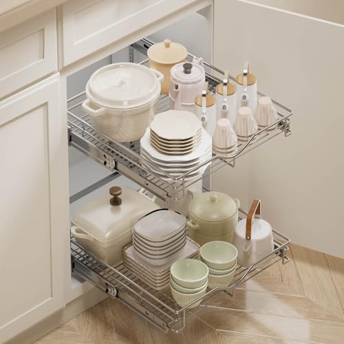 2 Tier Pull Out Cabinet Organizer (17" W x 18" D) Heavy-Duty Metal Sliding Drawer Shelf, Two Tier Pull Out Shelves for Kitchen Cabinets, Pantry, Bathroom, Chrome Finish - view 2