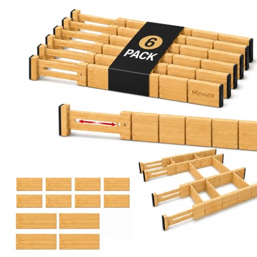 6 Pack Bamboo Drawer Dividers with 12 Inserts, Adjustable 17–22 Inch Expandable Drawer Organizer for Kitchen, Dresser & Closet, Bamboo Kitchen Drawer Organizer, Drawer Divider Set