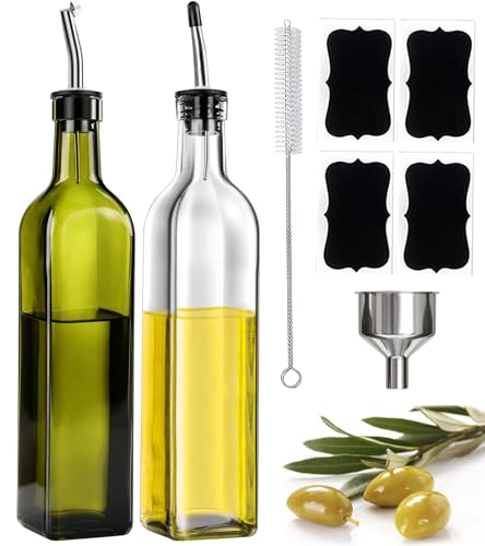 Glass Olive Oil Dispenser Bottle Set of 2, 17oz/500ml Kitchen Oil and Vinegar Cruet with Airtight Stainless Steel Pourer Spout, Funnel & Brush, Cooking Essentials for Salad Dressing (Clear)
