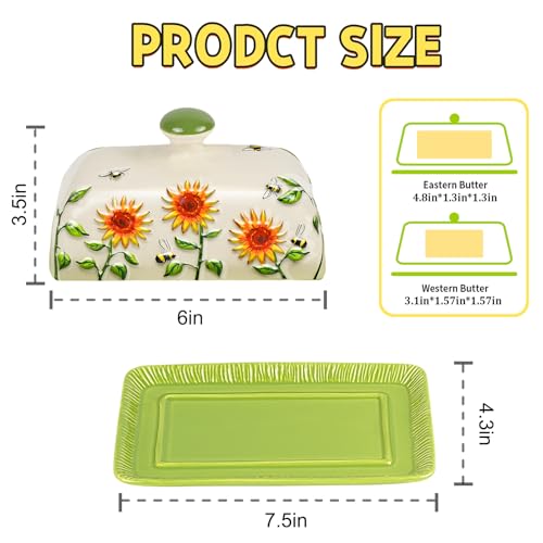 Butter Dish with Lid for Countertop, Sunflower Butter Keeper Holder, 7.5”x4.3” Large Ceramic Butter Tray Storage Sunflower Decor Mother's Day Gifts - view 2