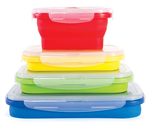 Thin Bins Collapsible Containers – Set of 4 Rectangle Silicone Food Storage Containers – BPA Free, Microwave, Dishwasher and Freezer Safe