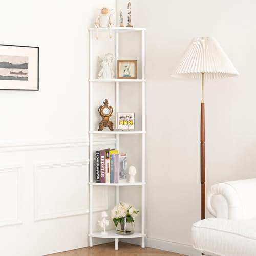 Corner Shelf Stand, 5-Tier Bookshelf, 65" Tall Shelves for Bedroom, Living Room, Narrow Display Shelf Bookcase, White Book Shelf with Display Shelves for Office