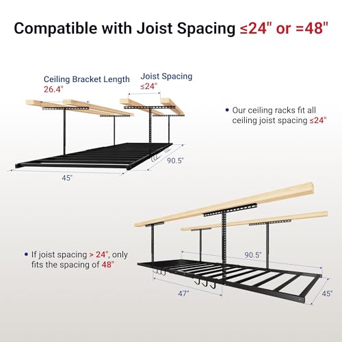 4x8 Overhead Garage Ceiling Storage Rack with 6 Hooks, Black - view 3
