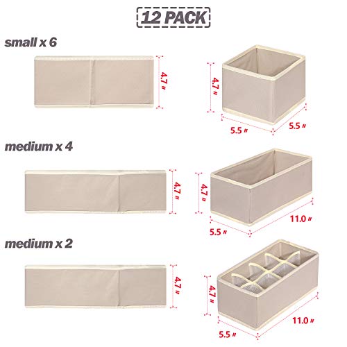 12 Pack Foldable Drawer Organizer Dividers Cloth Storage Box Closet Dresser Organizer Cube Fabric Containers Basket Bins for Underwear Bras Socks Panties Lingeries Nursery Baby Clothes Beige NN246 - view 2