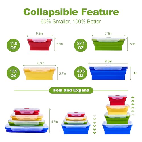 Set of 4 Collapsible Silicone Food Storage Container, Leftover Meal box For Kitchen, Bento Lunch Boxes, BPA Free, Microwave, Dishwasher and Freezer Safe. Foldable Design Saves Your Space. - view 2