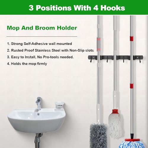 3 Racks and 4 Hooks Mop and Broom Holder Wall Mount, Self Adhesive Heavy Duty Broom Organizer Storage Tool Racks for Kitchen Garden Laundry Garage - view 2