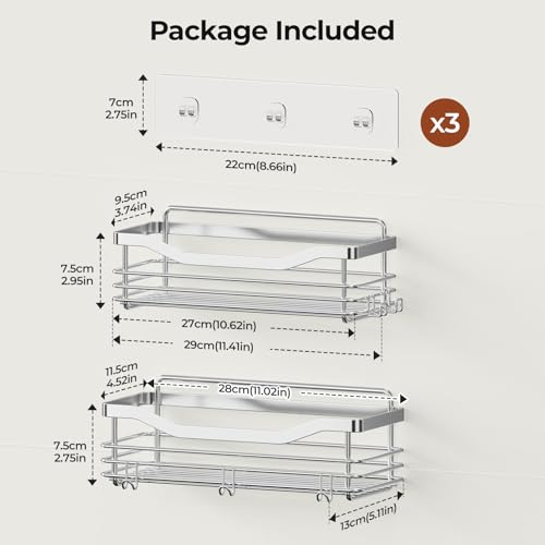 Shower Caddy Basket Shelf Storage Rack Pack of 2, No Drilling Wall Mounted Adhesive Rust Resistant Stainless Steel Shower Organizer with 5 Hooks for Bathroom, Toilet, Kitchen - view 2