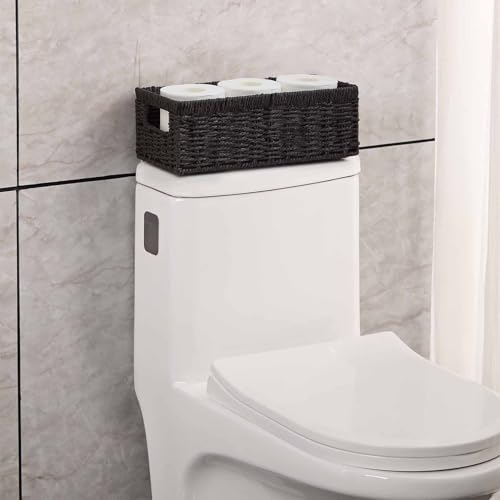 Wicker Storage Basket, Paper Rope Wicker Baskets with Handles, Toilet Paper Basket for Toilet Tank Top, Small Wicke Baskets for Organizing Shelves, 2-Pack, Black - view 3