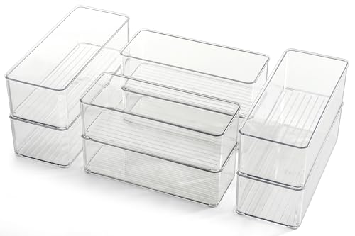 8 Pack Stackable Drawer Organizers, Deep Clear Bins in 2 Sizes