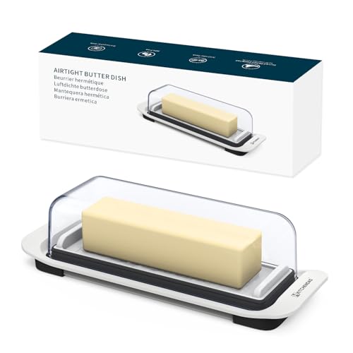 Airtight Butter Dish with Lid for Countertop and Refrigerator Door Shelf, Butter Keeper, Plastic Butter Holder Tray Container for West/East Coast Butter, White