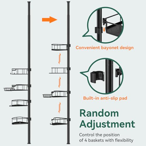 Corner Shower Caddy Tension Pole, 4 Tier Rustproof Shower Tension Rod Organizer, Adjustable 25-125 Inch Bathroom Shower Organizer Shelves for Bathtub Shampoo Storage, Black - view 4