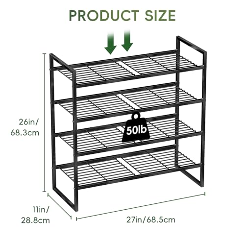 Heavy Duty 4 Tier Shoe Rack, 27 Inch Wide Closet Metal Wire Shoe Shelf Organizer for Entryway, Black - view 2