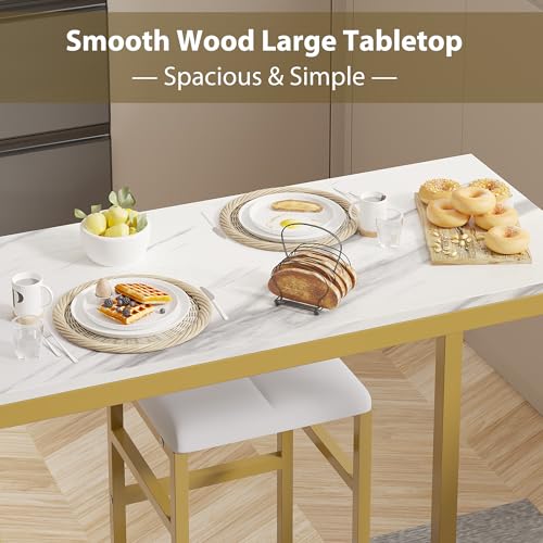 Bar Table and Chairs Set for 2, Tall Kitchen Counter Dining with Storage Shelves, Cup Holder & Wine Rack, PU Leather Cushion Stools - Small Space Solution, Gold - view 6