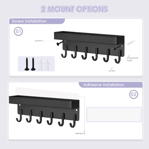 Key Holder Wall Mount, Adhesive Key Rack with Tray, 6 Hooks, Black - view 2