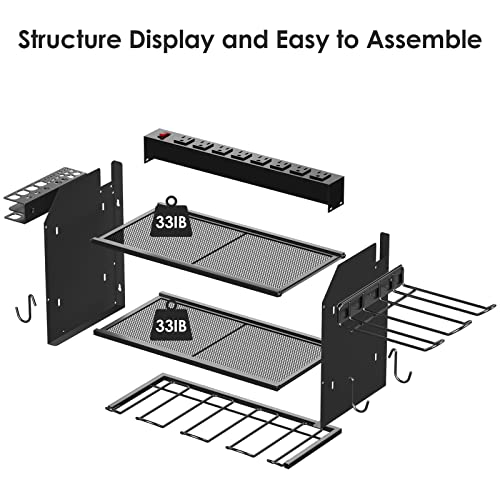 Modular Power Tool Organizer Wall Mount Charging Station, Black 6 Drills Holder with 8 Plug Power Strip, Garage Drill Battery Heavy Duty Metal Shelf, Utility Rack with Hooks, Side Storage. - view 6