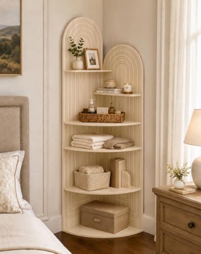 6 Tier Corner Shelf, 60.2" Arched Display Corner Bookshelf, Oak - view 7