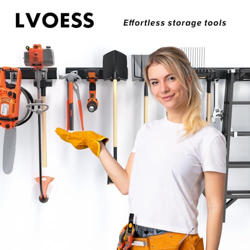 64'' Garage Tool Organizer Wall Mount, 620lbs Heavy Duty Metal Storage Rack | Adjustable Hooks Garden Tool Organization System | Anti-Rust Shed Rack for Hanging Shovel, Rake, Broom, Snowboard - view 2