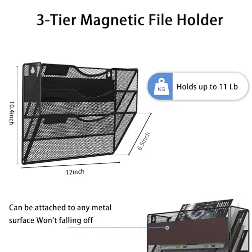3-Tier Magnetic File Holder, No Drilling Installation File Cabinet Organizer, Black Magnetic File Organizer, Magazine Rack, Magnetic Paper Holder for Refrigerator, File Cabinets, Whiteboard - view 2