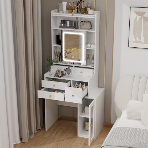White Mini Vanity Desk with Sliding Mirror Lights and 5 Drawers
