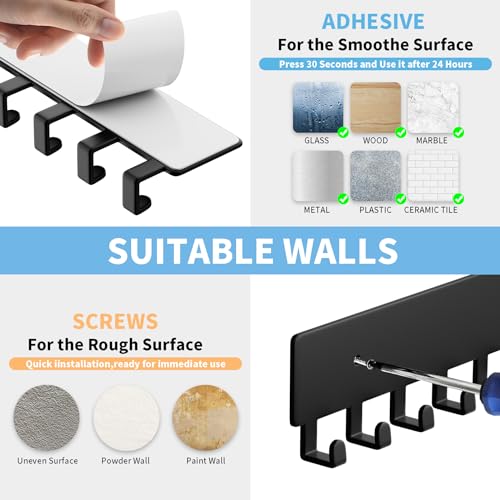 Key Holder for Wall, Key Hooks with 10 Hooks, Wall Mounted Key Holder for Hallway, Self Adhesive Key Rack(Black) - view 4