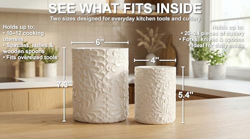 2-Piece Engraved Ceramic Utensil Holder Set for Kitchen, 7.3 & 5.4 Inch - view 6