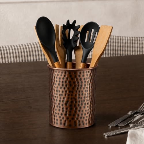 Kitchen Utensil Holder – Hand Hammered Metal Antique Copper Utensil Holder, Decorative Utensil Crock for Kitchen Counter, Cooking Tool and Spatula Holder for Countertop, Caddy Organizer - view 3