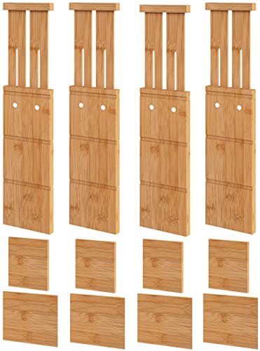 4.4" High Drawer Dividers with Inserts, Bamboo Drawer Dividers for Clothes, Expandable from 12-17.5", Adjustable drawer organizer for Bedroom, Kitchen & Office, 4 Dividers with 8 Insert.