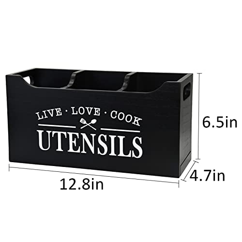 Kitchen Utensil Holder with Drainage Bottom, Large 3 Compartments Solid Real Wood Utensil Organizer for Kitchen Counter, Farmhouse Cooking Tools Storage for Countertop, Black - view 4