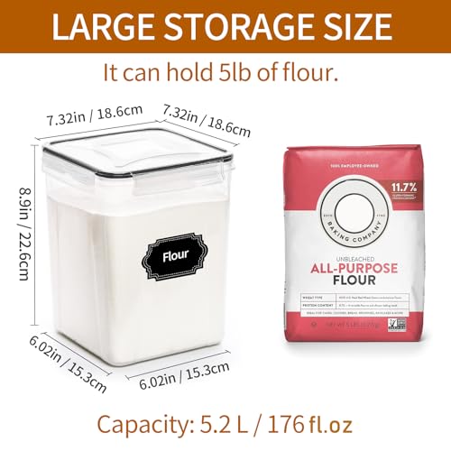 4 Pack Large Airtight Food Storage Containers with Lids (5.2L / 176oz), BPA Free Plastic Kitchen and Pantry Organization Contianers for Cereal Flour and Sugar Storage, Labels & Marker - view 2