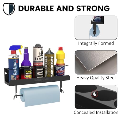 5 Aerosol Spray Can/Paper Towel Holder, Paint Bottle Storage Rack, Steel Wall Mount Shelf, Tool Organizer for Garage, Craft Workspace and Home - view 4
