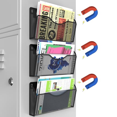 Magnetic File Holder 3PCS Wall File Folder Organizer, No Drilling Hanging Magazine Rack for Refrigerator, Document Paper Mail Folder Holders Office File Magnetic Organizer (Black)