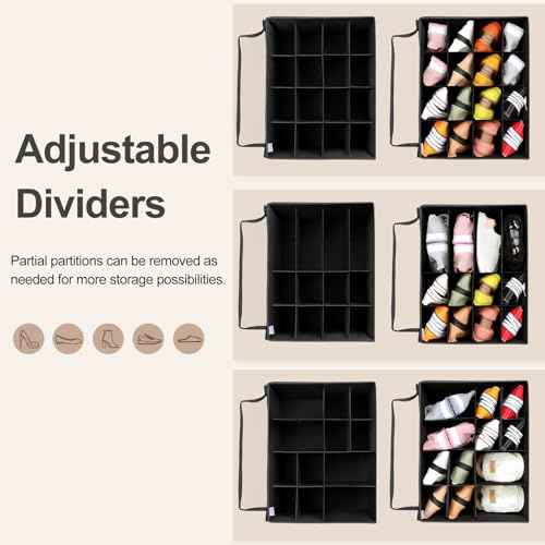Shoe Organizer for Closet, Foldable Shoe Box with Adjustable Dividers and Clear Cover, Space Saving Shoe Storage Organizer Cabinet with Reinforced Handles, Fits 16 Pairs, Black, TP09B - view 2